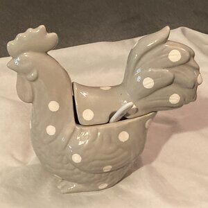 Creative Co-op Grey Polka Dot Lidded Chicken Sugar Bowl-Lid & Spoon-5.25" H-EUC